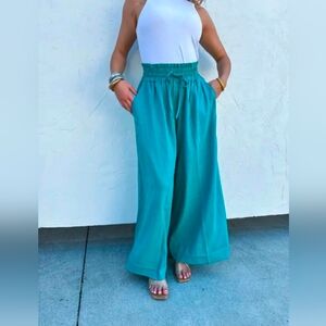 Turquoise Wide-Leg Linen Pants